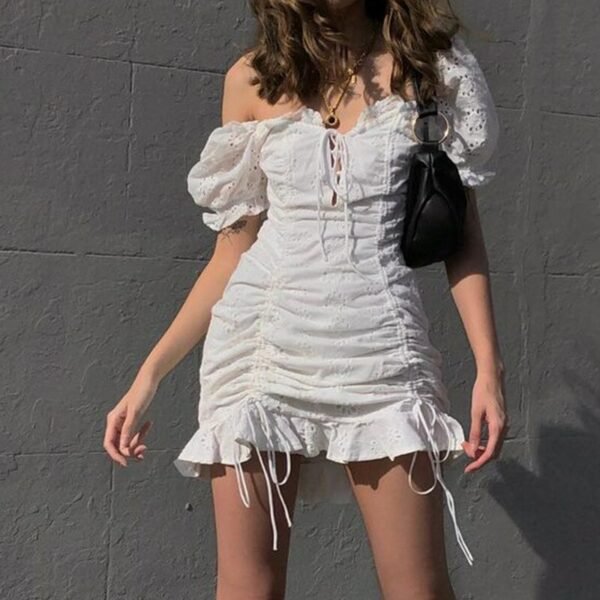 2021 Short Sleeve Ladies Beach Sundress Women Summer Ruched Elegant Mini Dress White Jacquard Ruffles Vintage 3