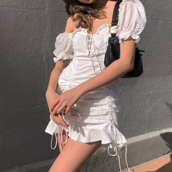 2021 Short Sleeve Ladies Beach Sundress Women Summer Ruched Elegant Mini Dress White Jacquard Ruffles Vintage 5