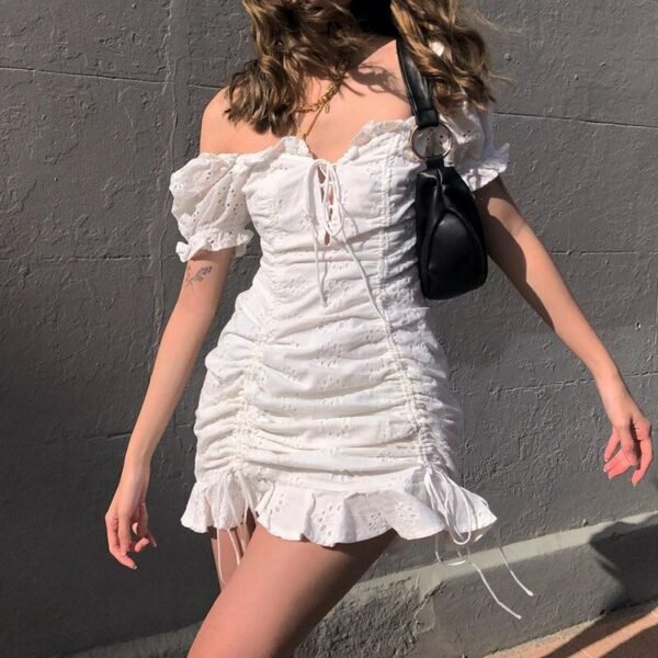 2021 Short Sleeve Ladies Beach Sundress Women Summer Ruched Elegant Mini Dress White Jacquard Ruffles Vintage