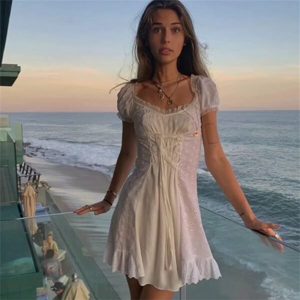 2022 Summer Holiday Beach Dress Women Lace Mini Party Outfits Short Sleeve Casual Ladies Sweet Vestidos 4