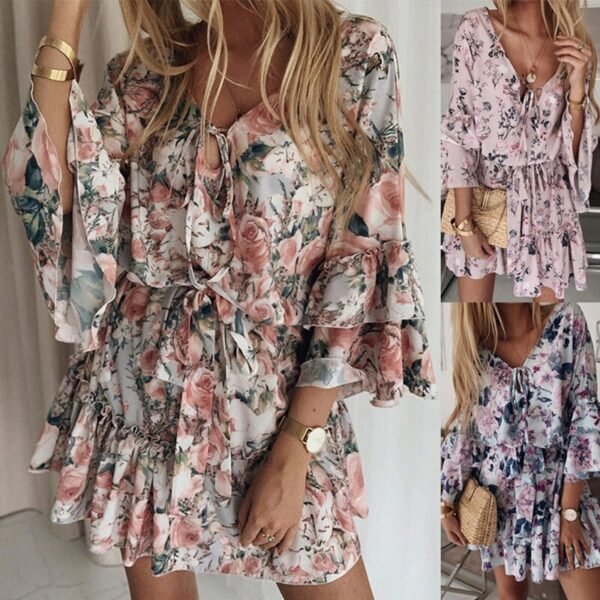 Chiffon Floral Print Summer Dress Women Elegant Korea Clothing Beach Party Pullover Short Dress Plus Size 3