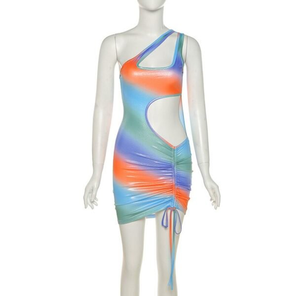 Colorful Bodycon Bandage Dress For Women 2021 Asymmetric Sexy Club Partywear Cut Out One Shoulder Drawstring 4