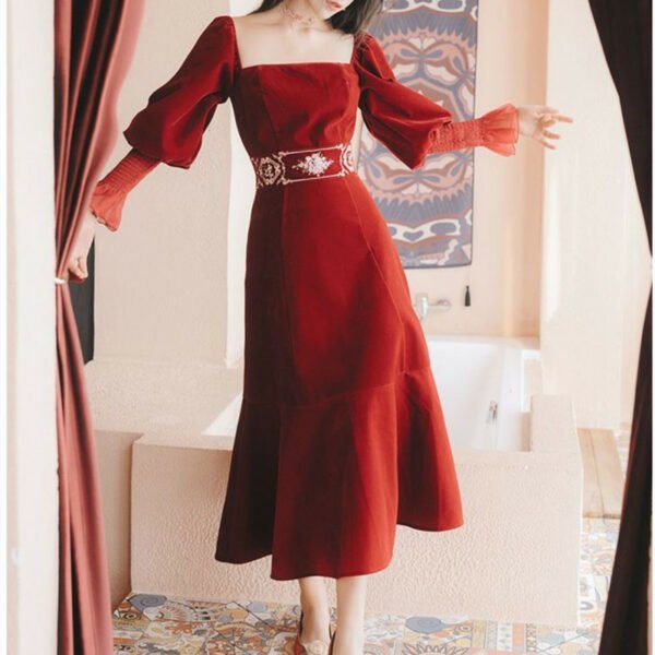 French Vintage Velvet Red Dress Embroidery Lantern Sleeve Long Dresses Spring Autumn Fashion Pullover Elegant Casual 1