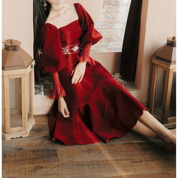 French Vintage Velvet Red Dress Embroidery Lantern Sleeve Long Dresses Spring Autumn Fashion Pullover Elegant Casual 2