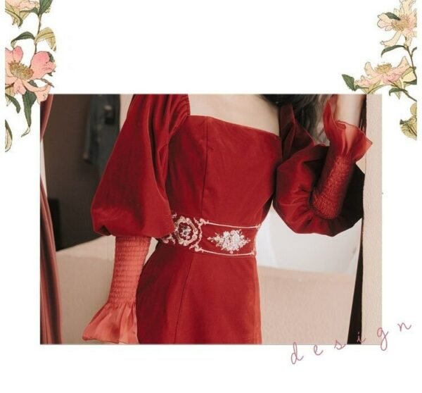 French Vintage Velvet Red Dress Embroidery Lantern Sleeve Long Dresses Spring Autumn Fashion Pullover Elegant Casual 3