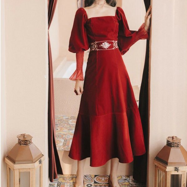 French Vintage Velvet Red Dress Embroidery Lantern Sleeve Long Dresses Spring Autumn Fashion Pullover Elegant Casual