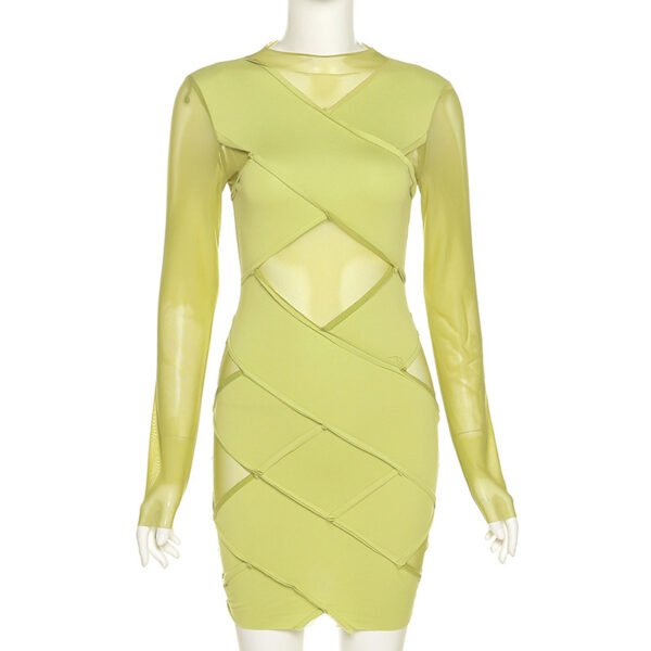 Green Patchwork Mini Dress Women Long Sleeve Party Clubwear O Neck Criss Cross Bright Line Design 4