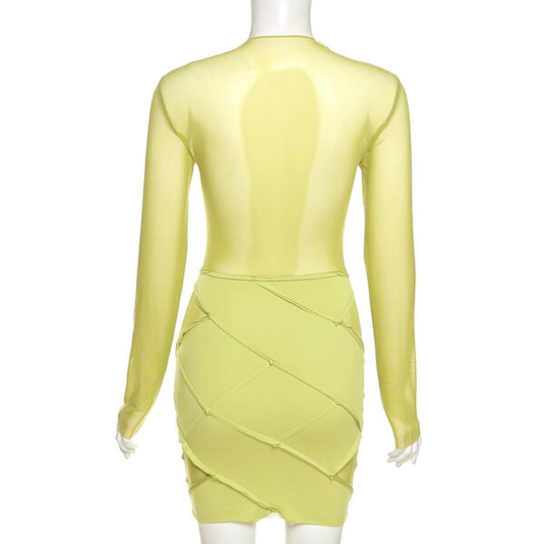 Green Patchwork Mini Dress Women Long Sleeve Party Clubwear O Neck Criss Cross Bright Line Design 5