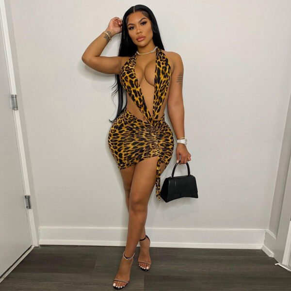 Leopard Drawstring Ruched Halter Dresses Night Club Outfits For Women Bandage Sexy Backless Bodycon Party Mini 2