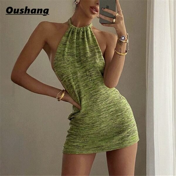 Summer Black Off Shoulder Party Knit Bodycon Sexy Beach Dresses Halter Neck Green Backless Mini Dress 1