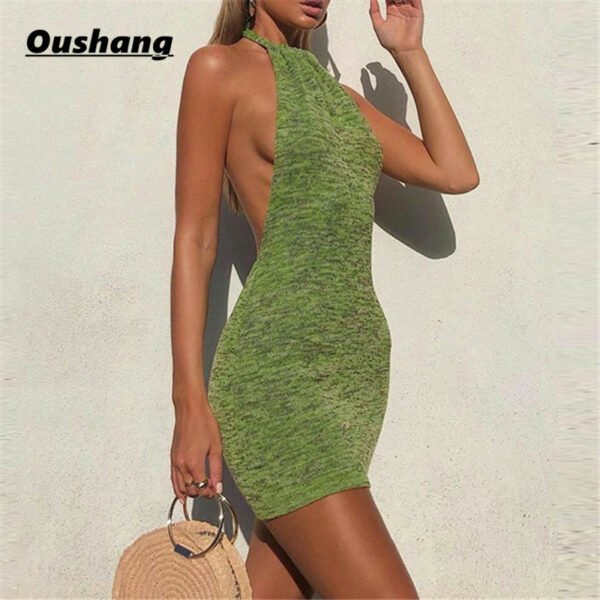 Summer Black Off Shoulder Party Knit Bodycon Sexy Beach Dresses Halter Neck Green Backless Mini Dress 2