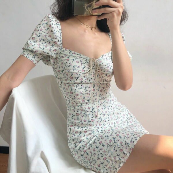 Summer Dress 2021 Retro Boho Women Tie Neck Floral Print Floral Mini Sexy White Dress Puff 1