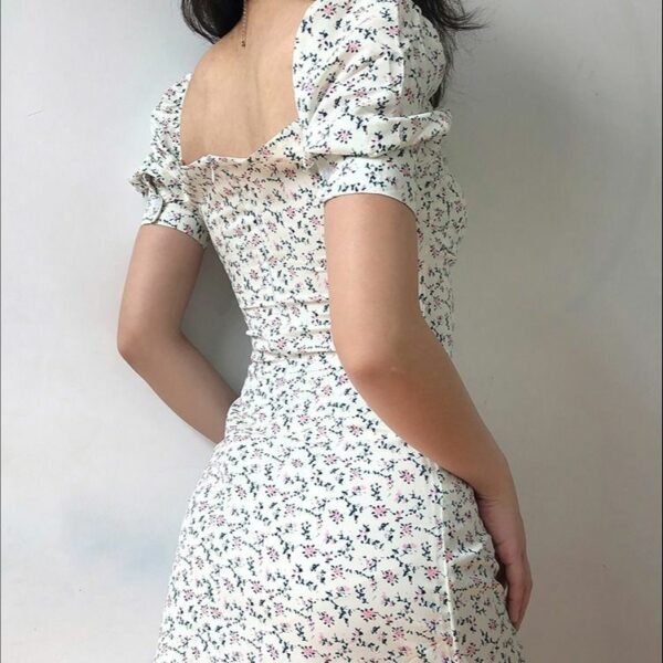 Summer Dress 2021 Retro Boho Women Tie Neck Floral Print Floral Mini Sexy White Dress Puff 3