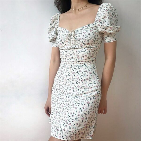 Summer Dress 2021 Retro Boho Women Tie Neck Floral Print Floral Mini Sexy White Dress Puff