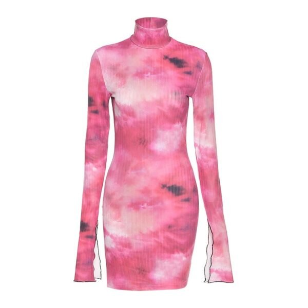 Tie Dye Printed Petal Sleeve Half High Collar Women Dresses Casual Elastic Tight Streetwear Sexy Bodycon 4