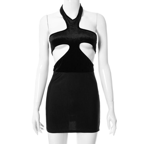 Velvet Patchwork Cut Out Mini Dress Women Black Halter Bodycon Clubwear Hollow Out Sleeveless Party Holiday 3