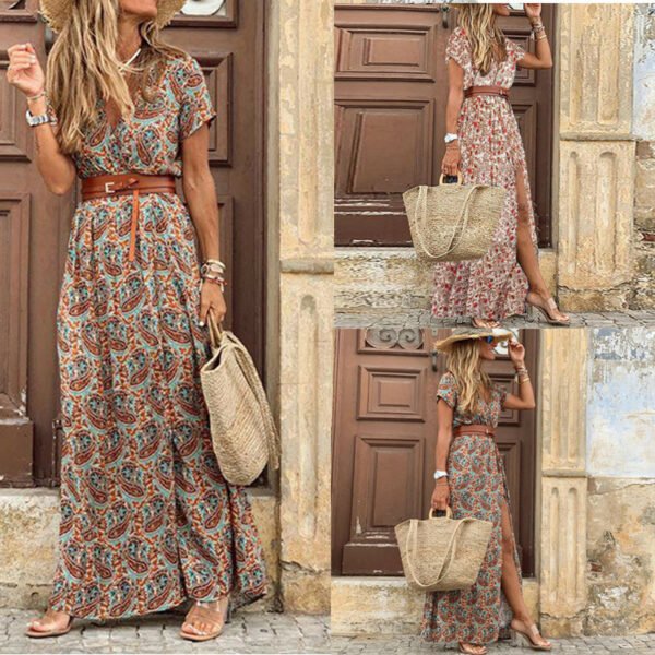 Vintage Flroal Print Streetwear 2021 Beach Boho Dress Women Summr Long Maxi Dresses Short Sleeve Deep 1