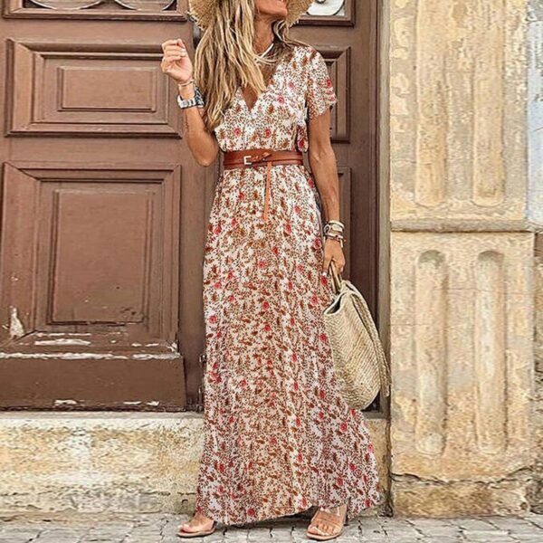 Vintage Flroal Print Streetwear 2021 Beach Boho Dress Women Summr Long Maxi Dresses Short Sleeve Deep 4