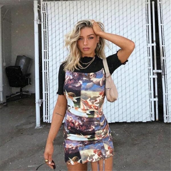 Y2K Angel Print Mini Dress Women Harajuku Goth Streetwear 2021 Bodycon Bandage Dresses Punk High Waist