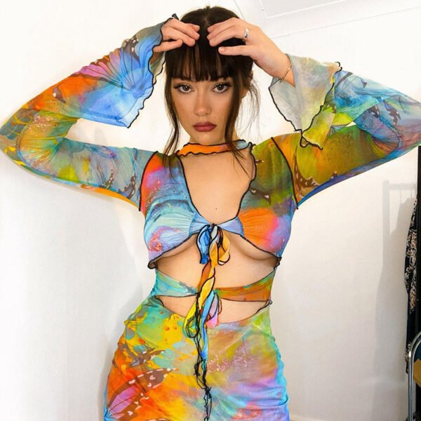 Y2K Cut Out Sexy Bodycon Dresses Aesthetic Butterfly Mesh Mini Dress Women Tie Dye Printed Sheer 1