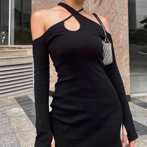 Y2K Mall Goth Cross Criss Halter Black Mini Dress E Girl Streetwear Off Shoulder Long Sleeve