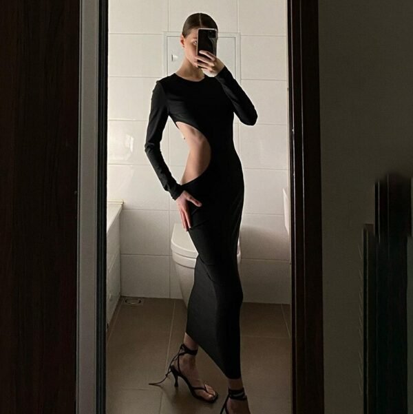 Spring Autumn Elegant Woman S Dress Slim Hollow Out Solid Black Long Dresses Long Sleeve O 1