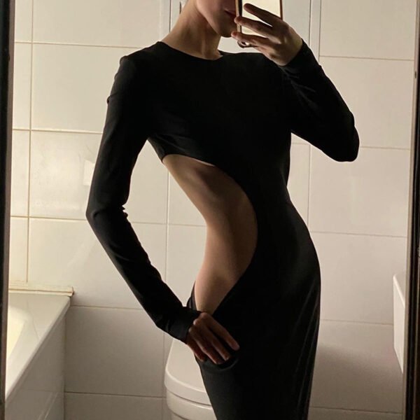 Spring Autumn Elegant Woman S Dress Slim Hollow Out Solid Black Long Dresses Long Sleeve O 3